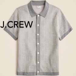 (NEW) (2 SIZES AVAILABLE) MEN’S J.CREW SHORT-SLEEVE HERITAGE COTTON SWEATER-POLO IN WINDOWPANE JACQUARD - SIZES: MEDIUM AND LARGE 