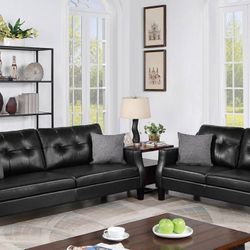 Brand New Black Leather Sofa & Loveseat