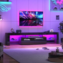 80.7in TV Stands for 80/85/90 inch TV,Modern LED TV Stand for Living Room,Black TV Stand,High Gloss TV Entertainment Center with Storage Drawer,APP RG