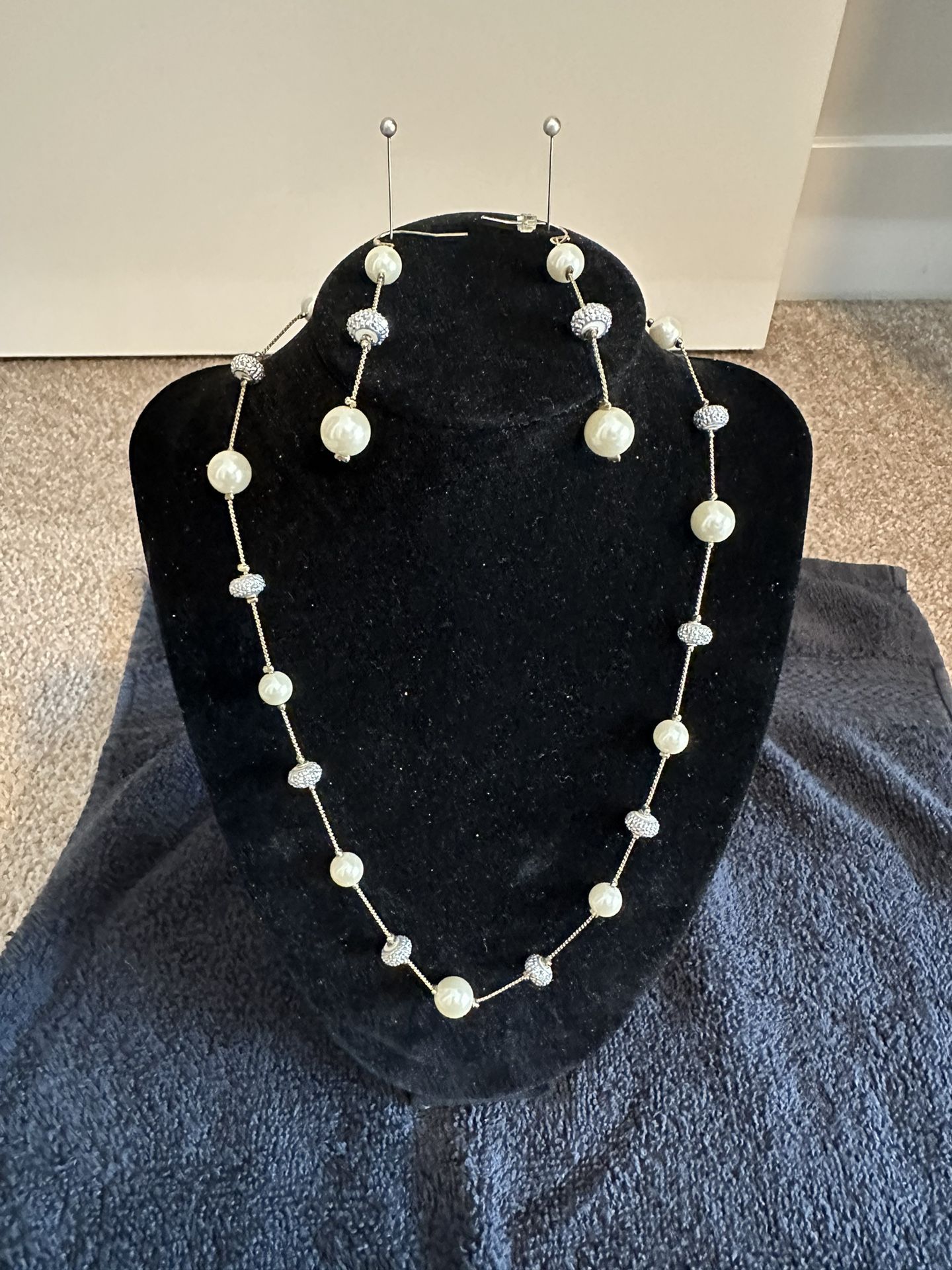 Charming Charlie Silver Strand Pearls and Rhinestone Necklace & Earrings Set