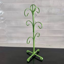 Vintage Japan Green Metal MCM Coffee Mug Tree Stand 6 Hook Holder 14 1/2” tall Has been repainted