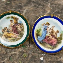 Pair Vintage Limoges France Miniature Porcelain Wall Plates Romantic Scene