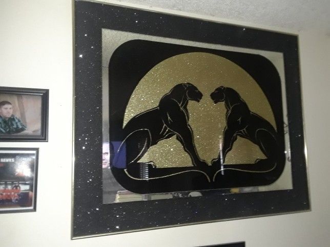 Vintage BLack Double Black Panther Wall Art By William HUGE Wall Art Diamond Black n Gold