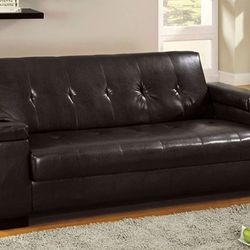 Brand New Espresso Leather Futon Sofa Sleeper w Storage + Cup- Holders