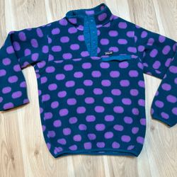 Patagonia Synchilla Snap T Fleece Sweatshirt Girls XL 14 Blue With Pink Polka Dots