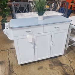 White Kitchen Cart With Stainless Steel Top (NEW)