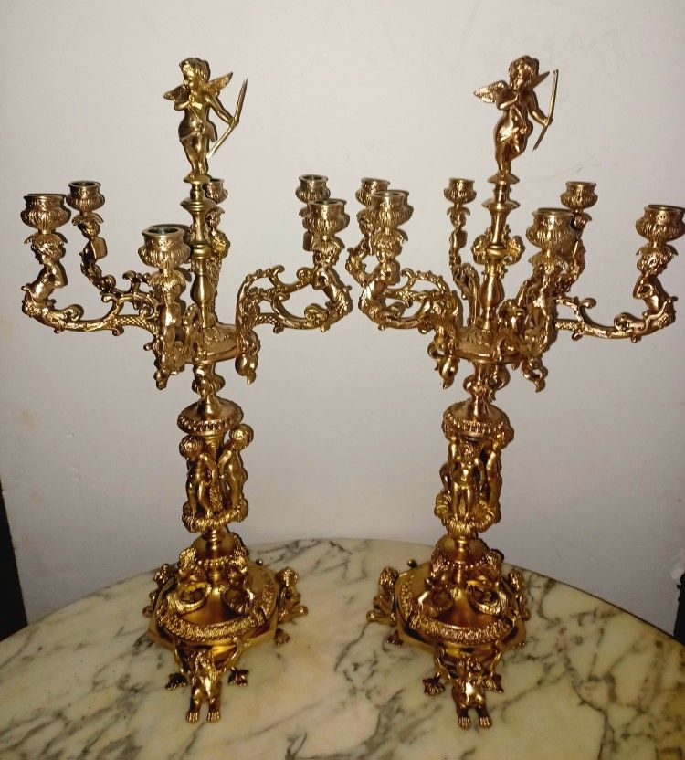 Antique French Bronze Large Paír Of Candelabras With Cherubs Details. Size 26 X 14