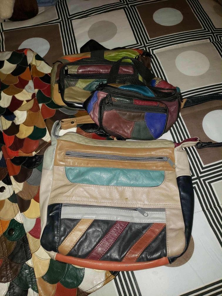 VINTAGE GENUINE PATCHWORK MULTICOLORED LEATHER PURSE SATCHEL CROSSBODY HANDBAG BAG