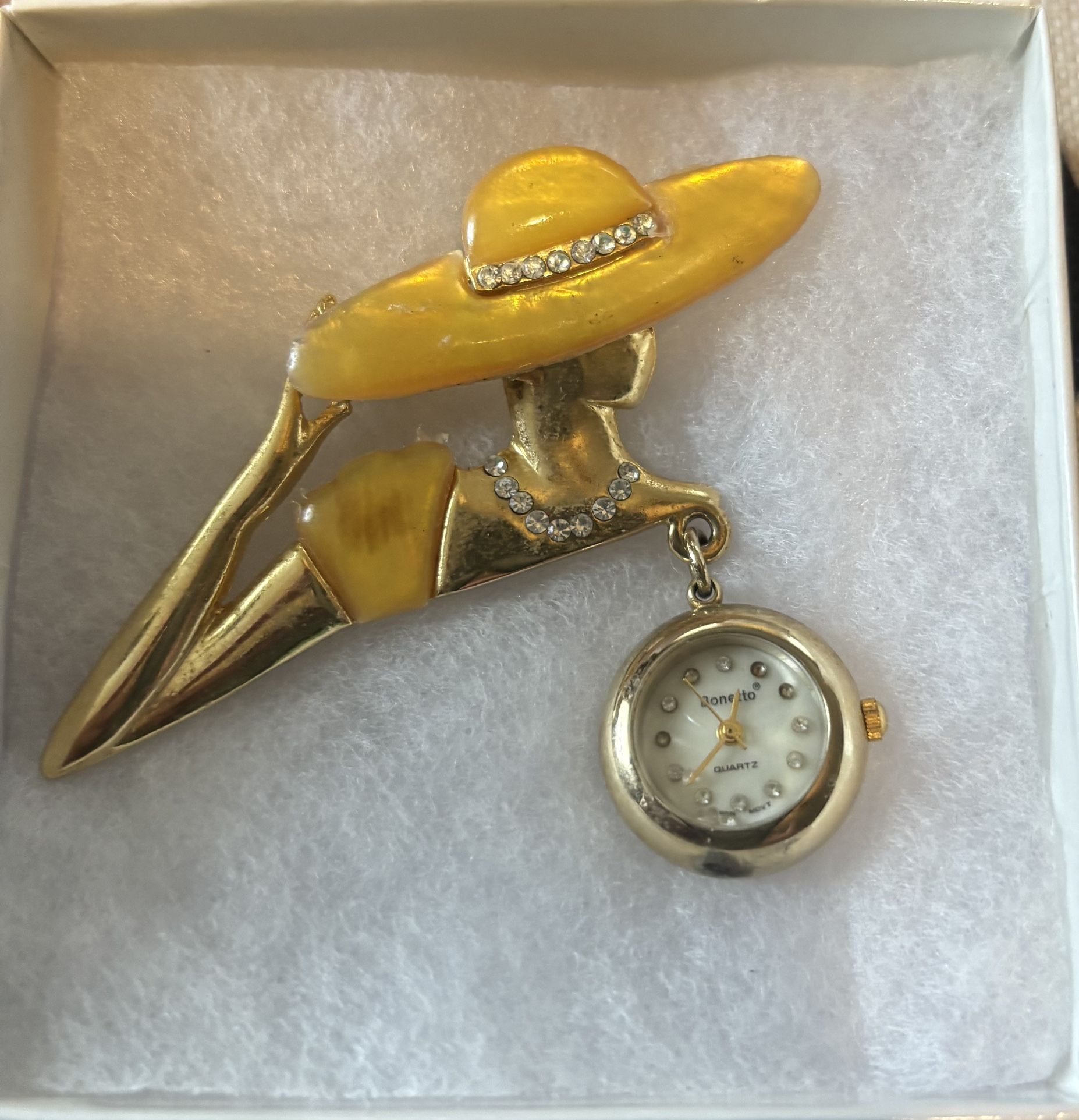 Pretty Bonetto Rhinestone Brooch With Watch