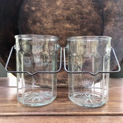 Two Vintage Pressed Glass Jars With Metal Handles Kitchen Storage Candy Vase