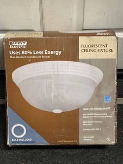 New Feit Electric Fluorescent Ceiling Light Fixture 13 5/8” x 6” White Finish, Frosted Glass