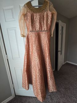 Heavy Gold Brocade Rose-Gold Gown with Mirror Collar - US M / India 38