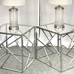 2 Matching Chrome & Glass - End Tables / Night Stands - Geometric