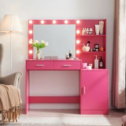 Vanity Desk with Mirror and Lights, 46.4IN Dressing Table with 2 Large Drawer&Large Vertical Organizer, 3 Level Dresser & 3 Lighting Modes Adjustable 