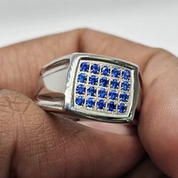 Stainless Steel Mens Ring with Blue Cubic Zirconia