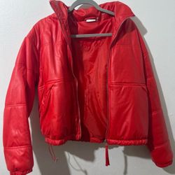 Red Faux Leather Cropped Puffer Jacket