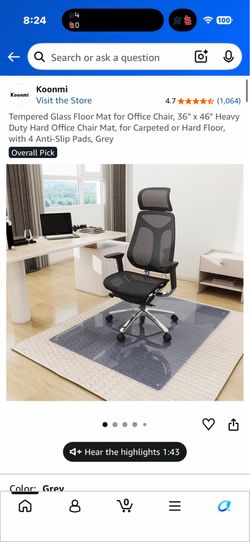 Tempered Glass Floor Mat for Office Chair, 36" x 46" Heavy Duty Hard Office Chair Mat, for Carpeted or Hard Floor, with 4 Anti-Slip Pads