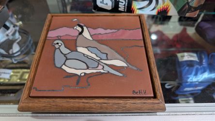 Vintage Betty Signed Italian Ceramic Tile Bird Art Framed Wall Decor