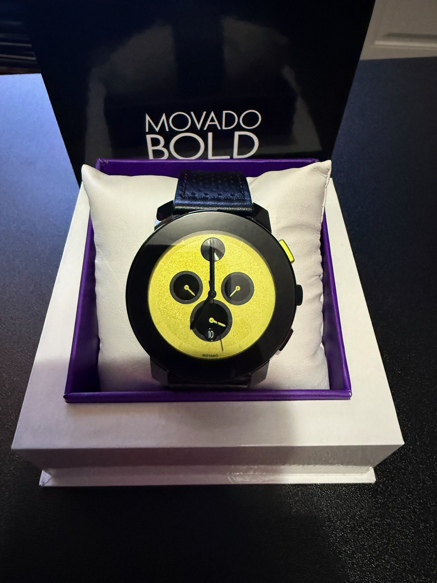 (Brand New) Movado Bold Chronograph Watch // Black Leather & Yellow