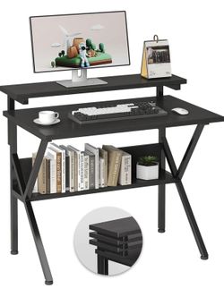 NEW Black Small Computer Desk 27.5" with Monitor Stand & Storage