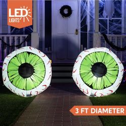 2 Pack Huge Halloween Inflatable Green Eyeball LED Light Up Bloodshot Eyeballs Blow Up Yard Decoration for 