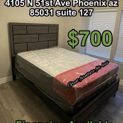 Queen Size Bed Frame Grey With Pillow Top Mattress And Boxspring Brand New