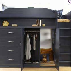 Twin bed with a desk and play or storage area. In excellent condition. Mattress not included.