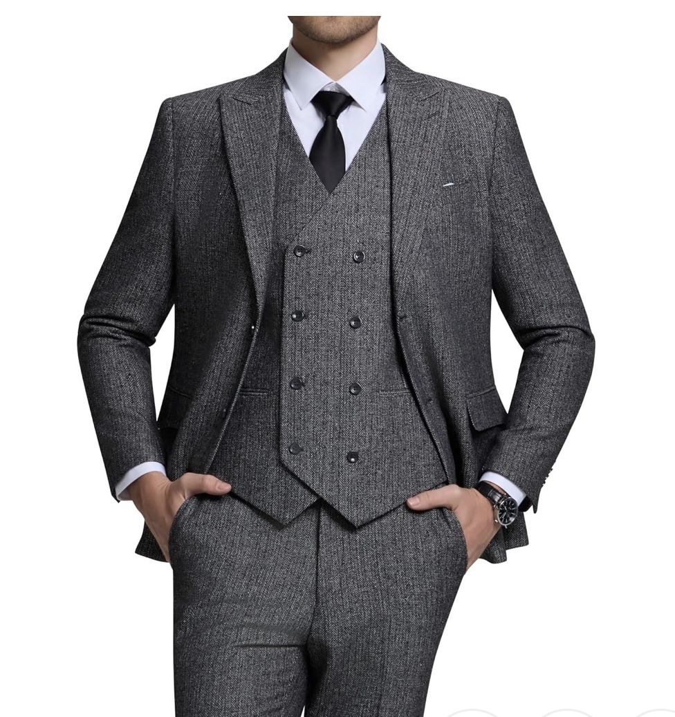 Men's Suits Herringbone Tweed Suits for Men Retro 3 Piece Peak Lapel Blazer Wedding Prom Suit Jacket Vest Pants Set (XX-Large, Dark Grey)