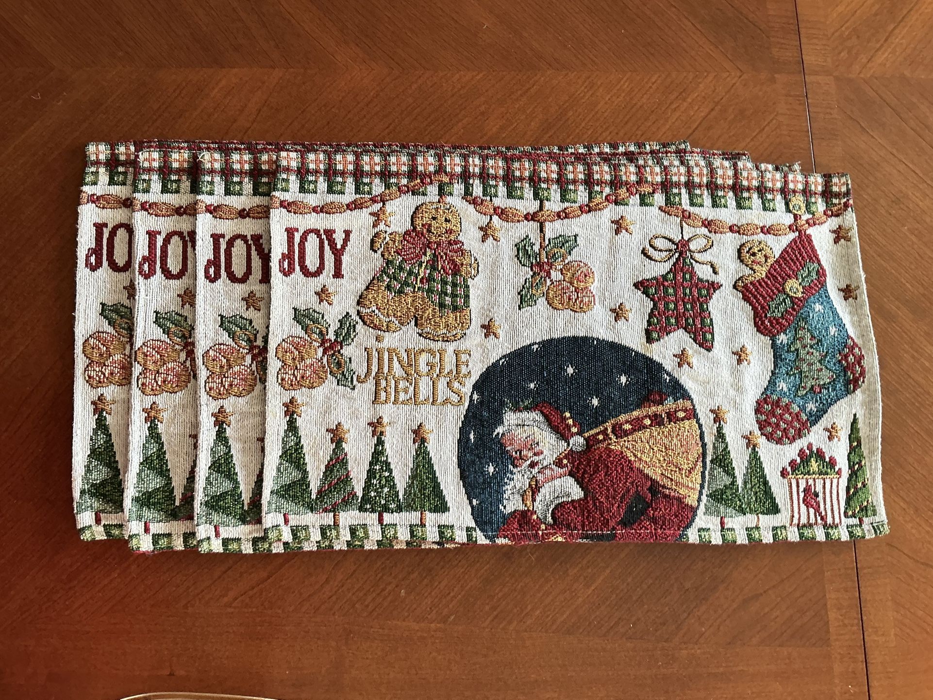 Placemats For Christmas. Set Of 4. 18” X 11”. Santa, Christmas Trees, Stars. Heavy Upholstery Weight Fabric.