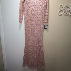 Marina Size 10 Blush Pink Long Gown W Lace Long Sleeves & Sequence