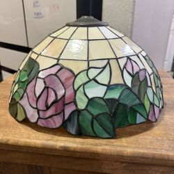 Tiffany-Style Stained Glass Lamp Shade • Pink Roses & Green Leaves