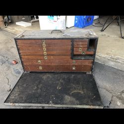 1940s Vintage Wooden Tool Box With Brass Pull Handles
