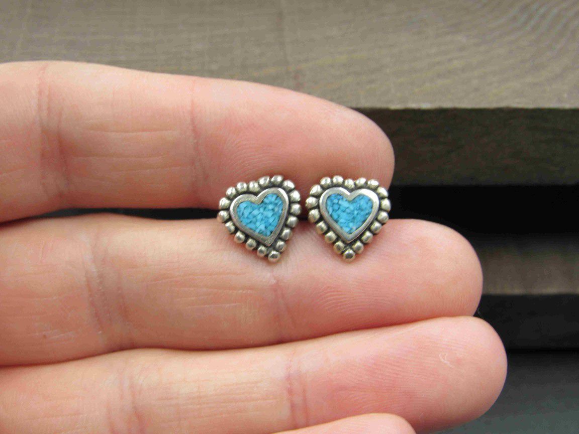 Sterling Silver Cute Turquoise Chip Inlay Heart Stud Earrings