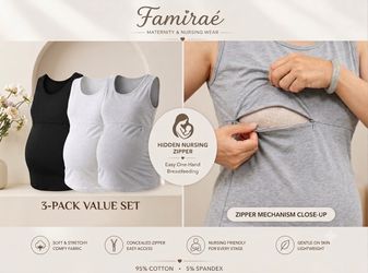 3-Pack Maternity & Nursing Tank Tops – Concealed Zipper Access