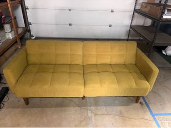 Yellow Tufted Futon Sofa with Wood Legs