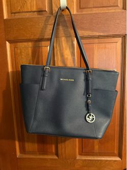 Michael Kors Navy Saffiano Tote with Gold Hardware
