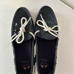 Fabulous New Cole Haan Navy Blue And White Patent Leather Boat Shoes Size 9.5