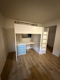 IKEA STUVA Twin Loft Bed - Desk, Attached Wardrobe, Drawers, Shelving (White/Blue)