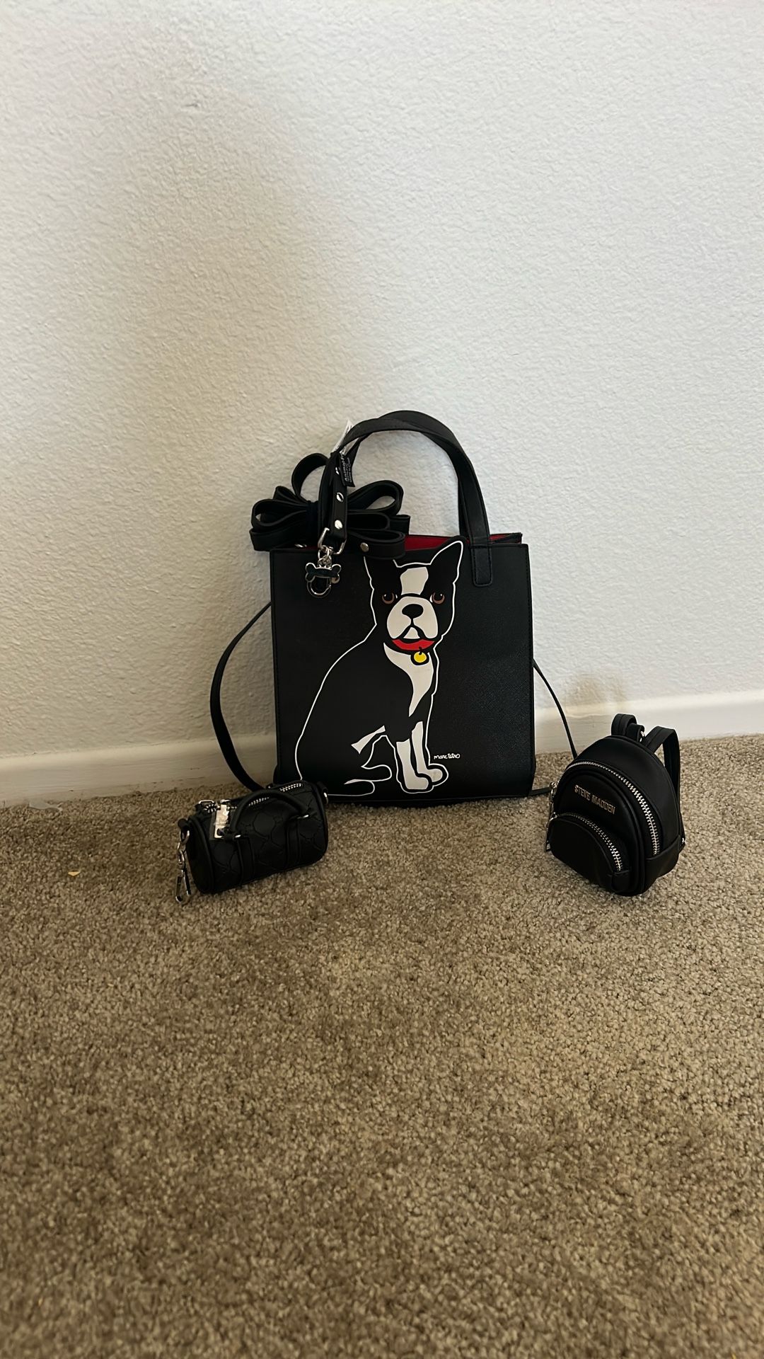 Marc tetro Bag With Dog Leash Accessory Plus Additional Steve Madden Mini Wrist Backpack/ Keychain And Matching Mini Gym Bag/ Keychain 