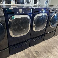 LG blue Mega capacity washer and dryer set electric with warranty