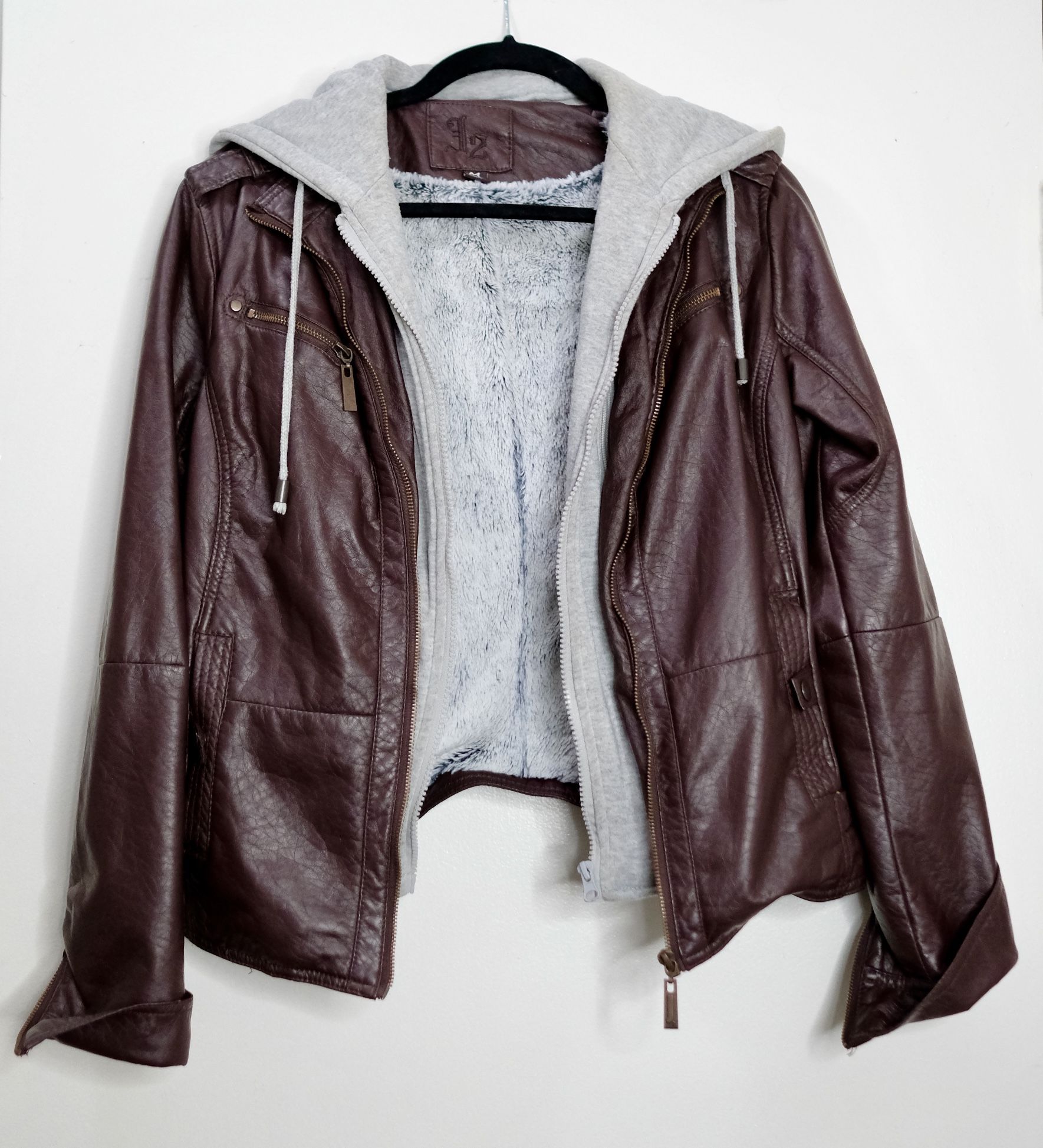 Women’s Burgundy, Leather Jacket With Fur And Gray Hoodie