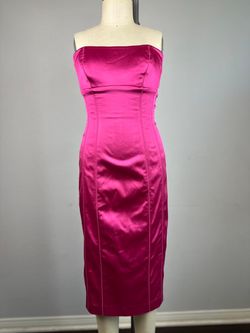 Vintage Bebe Y2K Baddie Pink Satin Strapless Midi Dress Ruched Bodycon Size XS