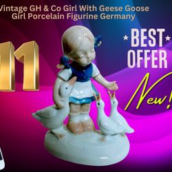  Vintage GH & Co/ Girl With Geese Goose/ GERMANY PORCELAIN