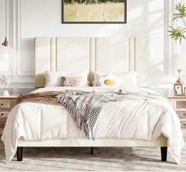 Full size bed frame Cream Upholstered Platform Bed