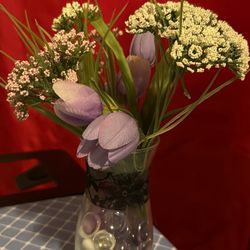 Faux Purple and White  Floral Arrangement in Glass Vase