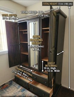 Dark Wood Armoire / Wardrobe with Center Mirror & Storage