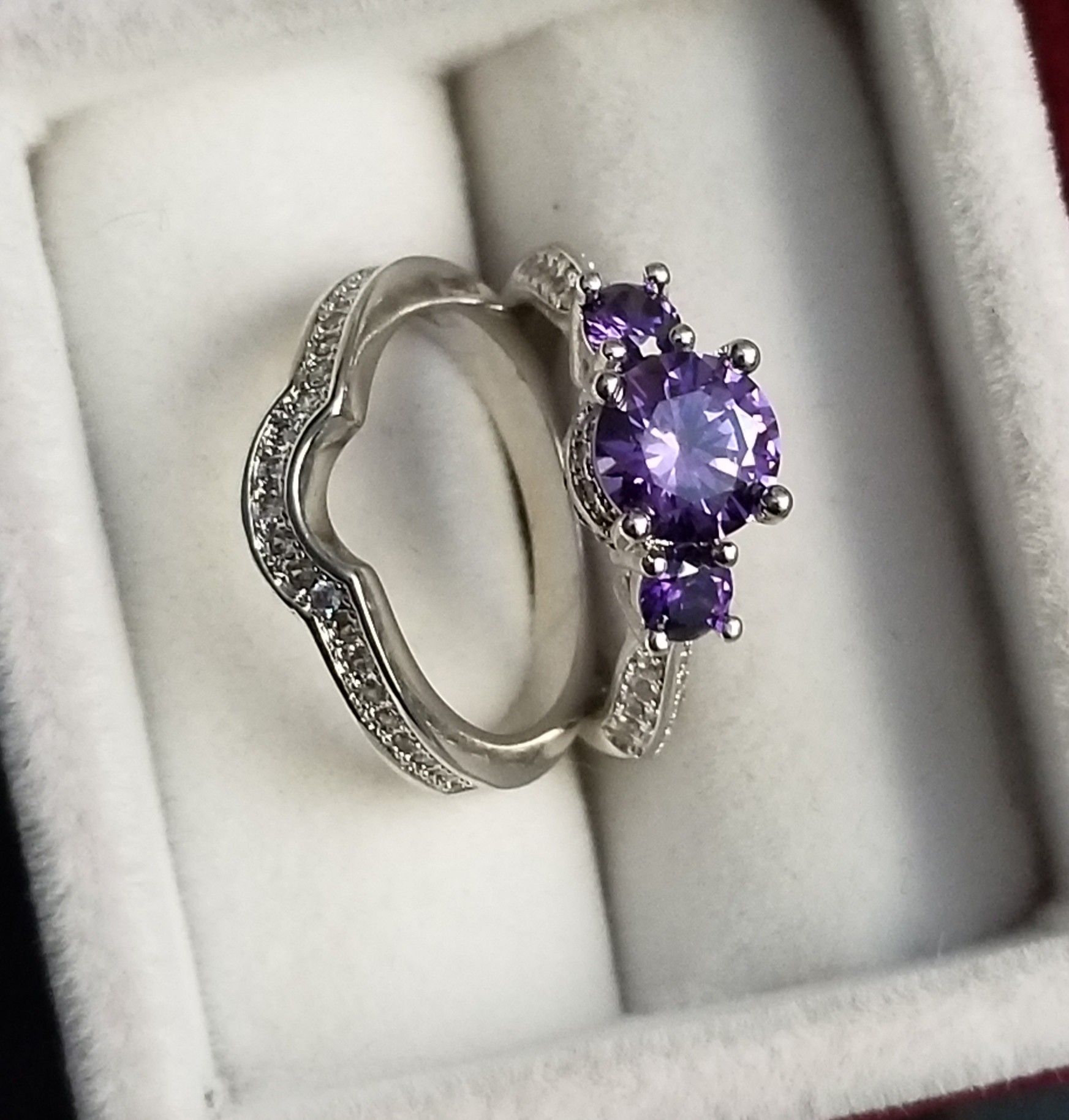 S925 Sterling Silver Purple Amethyst 2pcs Ring Set size 6