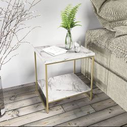 White Marble Print Side/End Table with Gold Metal Legs 2 Tier