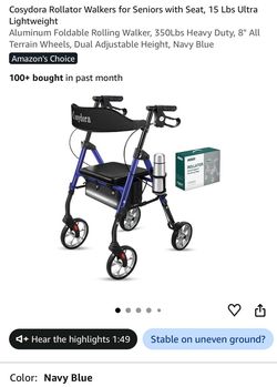 Cosydora Rollator Walker with Seat, Navy Blue