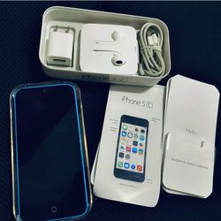 iPhone 5c With Otterbox, Original Packaging, Headphones, and Charger.